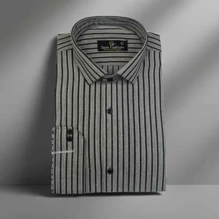 Cotton Dress Shirt - Gray Black Stripes