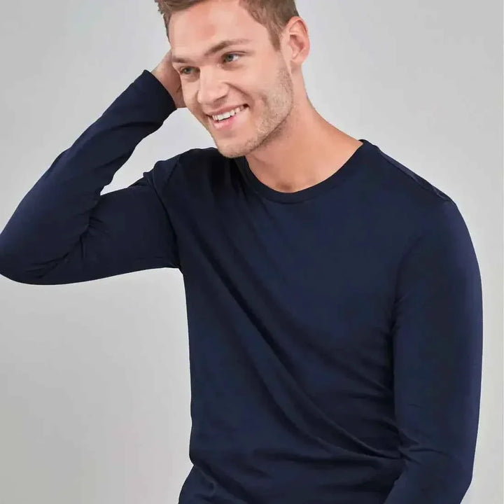 Cotton Long-Sleeve Crew Neck Tee (Navy)