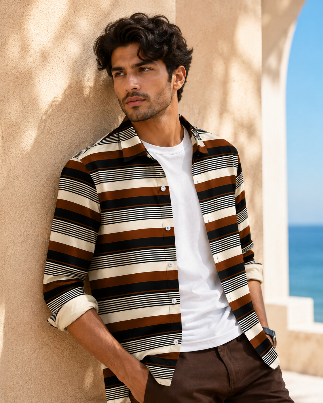 Brick Brown Striped Shirt ( Old Money Style )Model pic 3