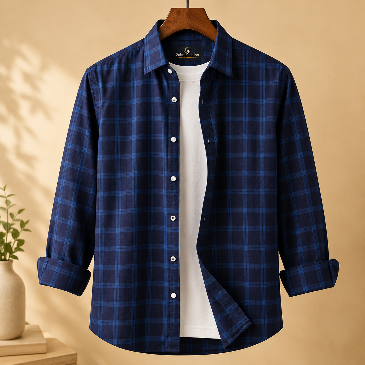 Navy Blue Cotton Check Shirt