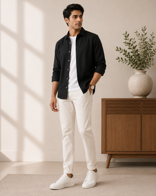 Cotton Chambray Shirt – Black Model pic one