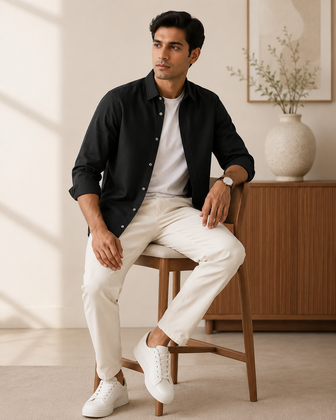 Cotton Chambray Shirt – Black Model pic three