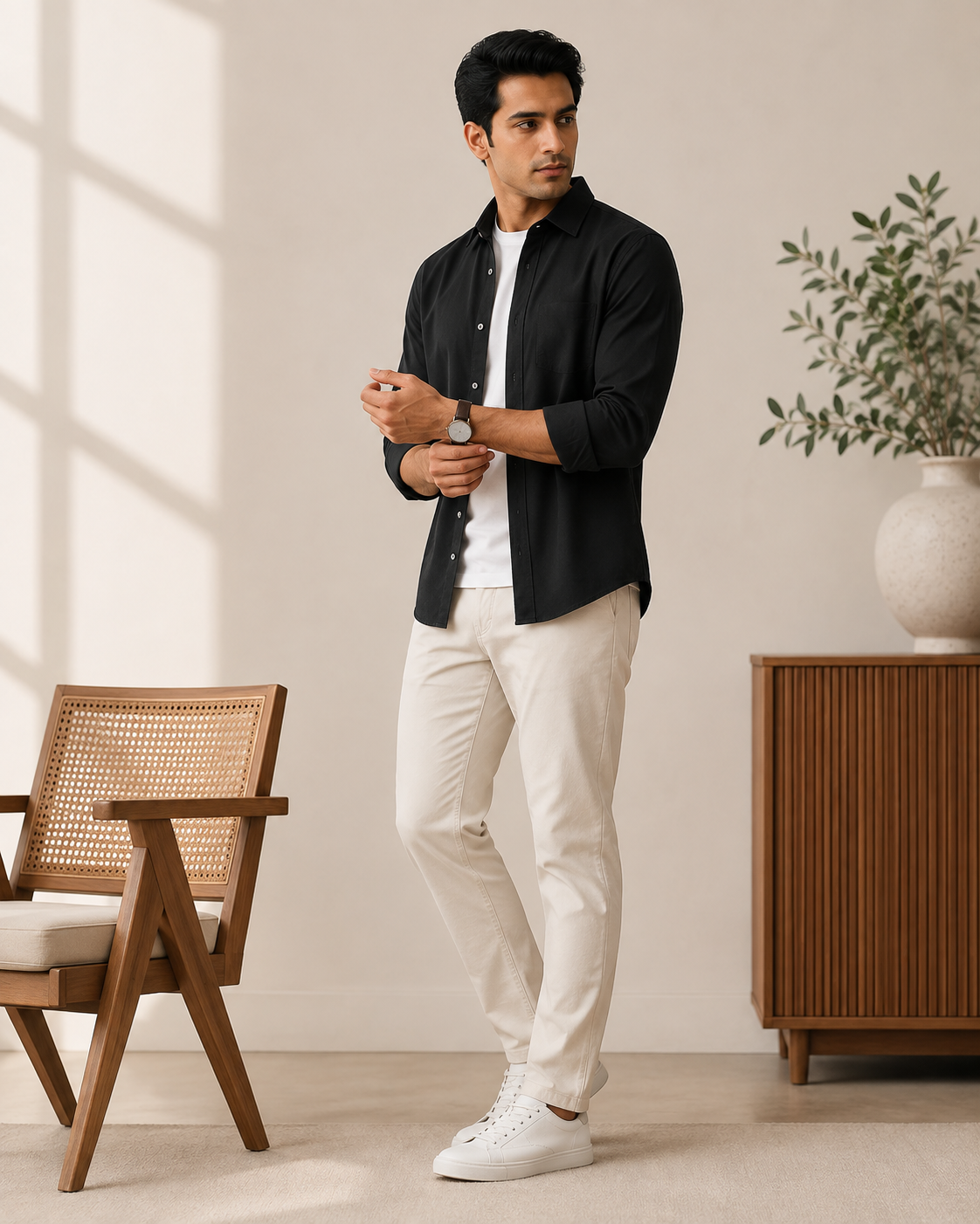 Cotton Chambray Shirt – Black Model pic two