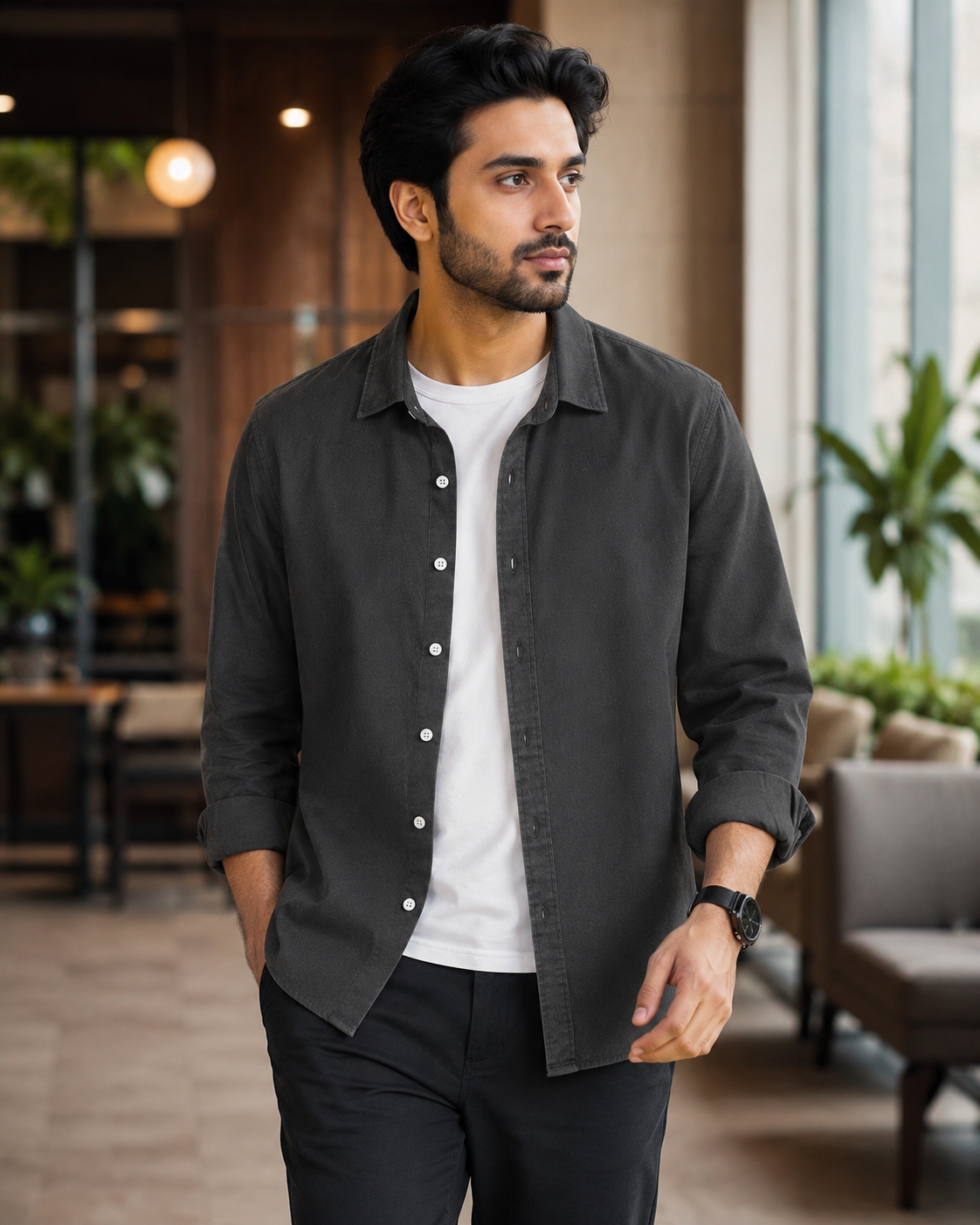 Cotton Chambray Shirt – Charcoal Black Model pic 1