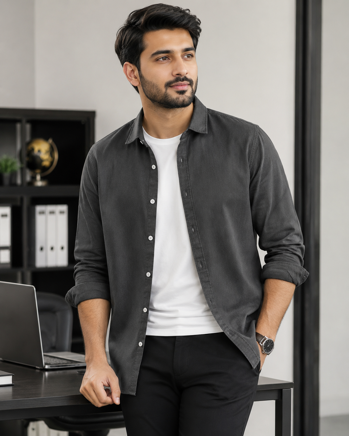 Cotton Chambray Shirt – Charcoal Black Model pic 2
