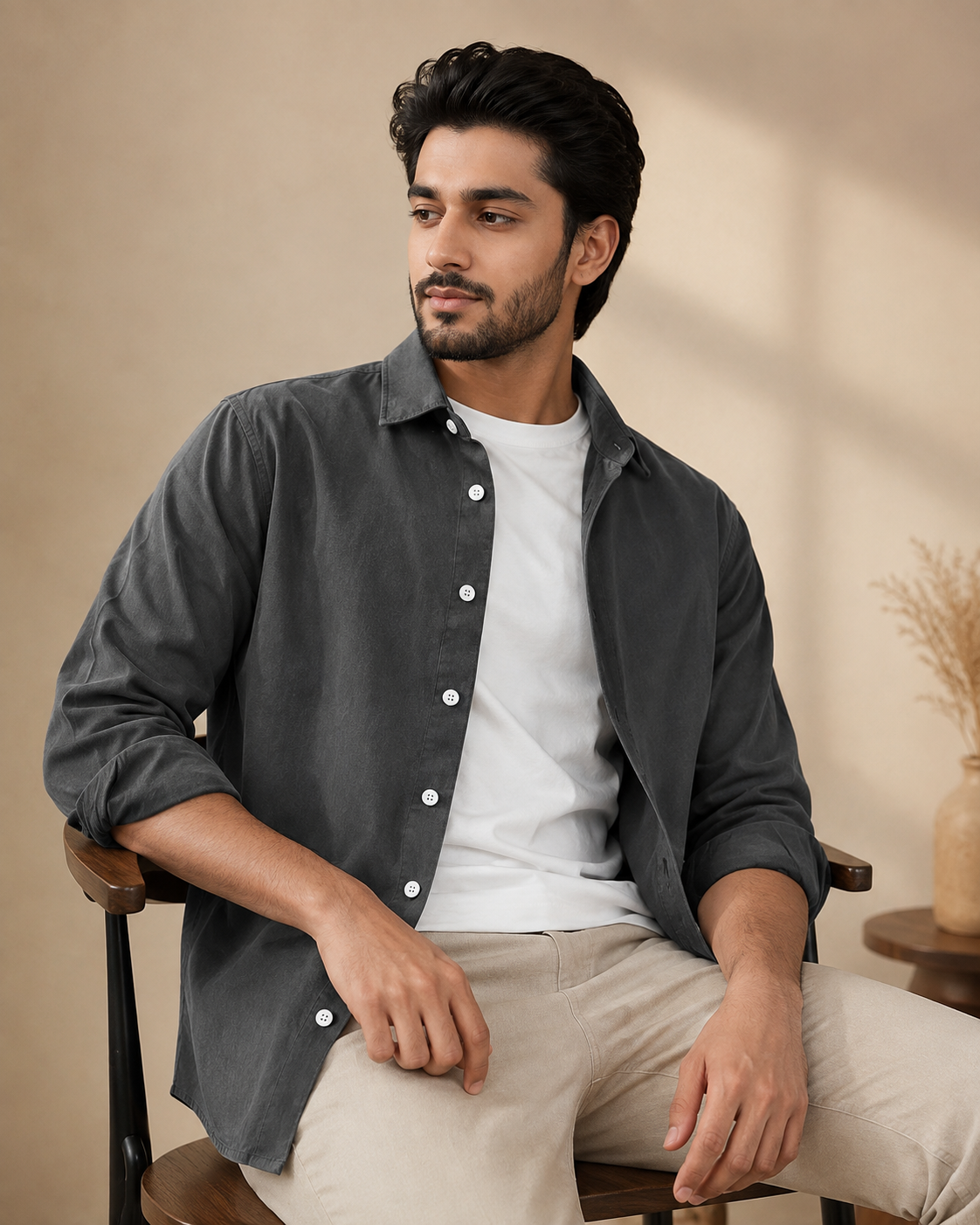 Cotton Chambray Shirt – Charcoal Black Model pic 3