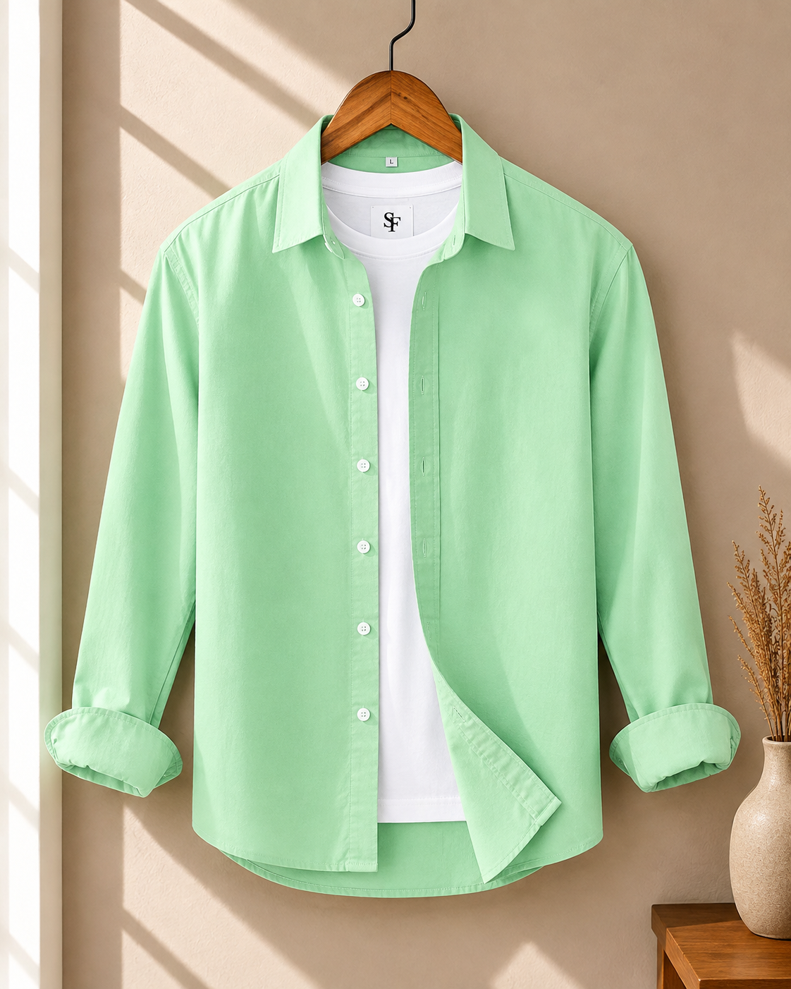 Cotton Chambray Shirt – Light Pistachio Display image