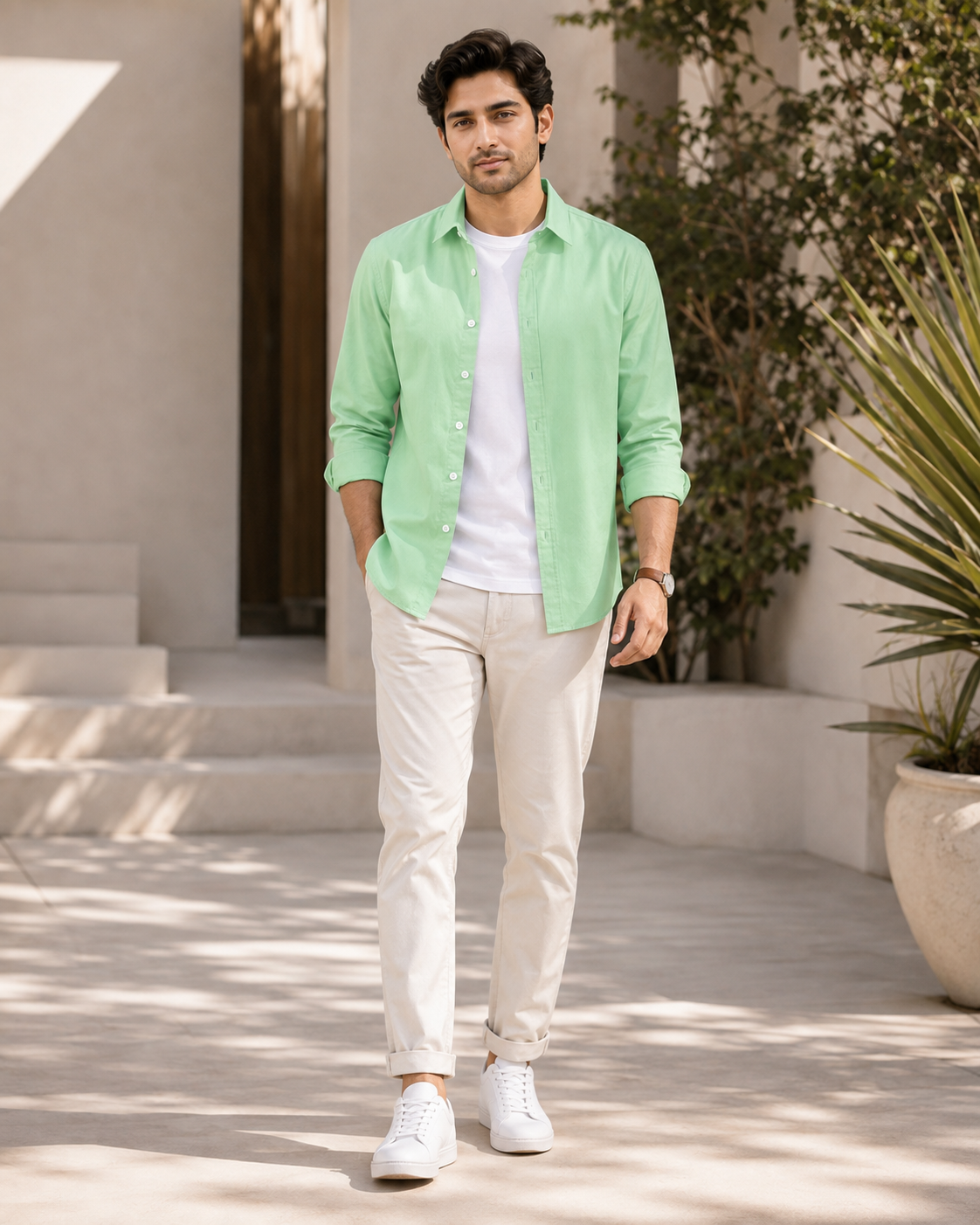 Cotton Chambray Shirt – Light Pistachio model pic 