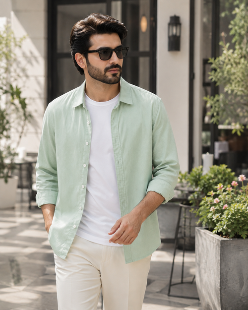 Cotton Chambray Shirt – Light Pistachio model pic 1