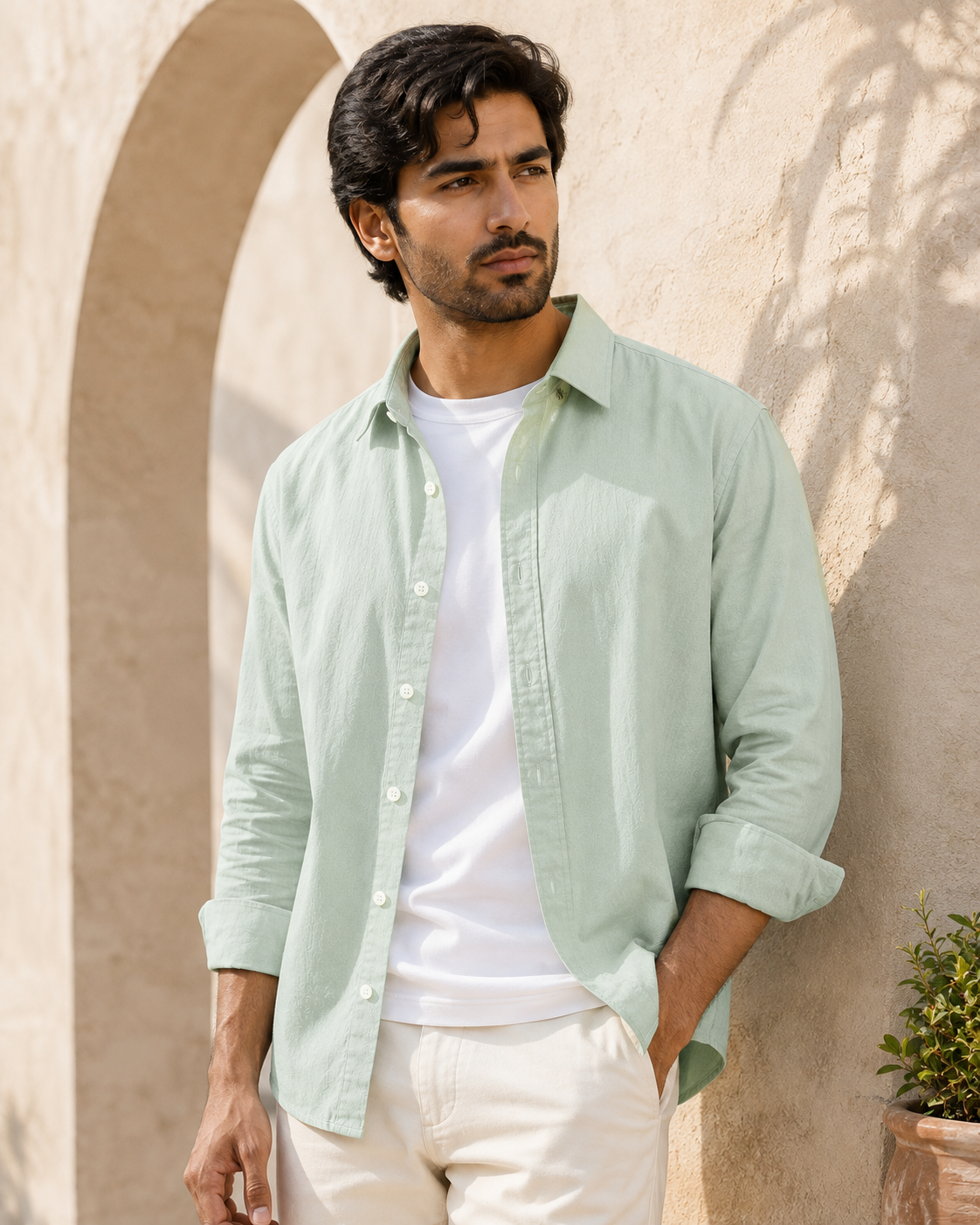 Cotton Chambray Shirt – Light Pistachio model pic 2