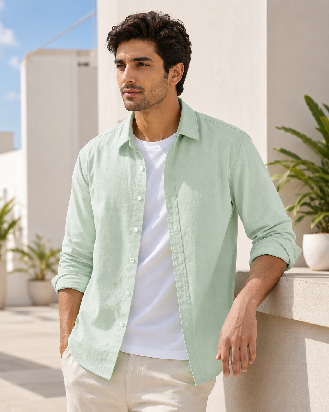 Cotton Chambray Shirt – Light Pistachio model pic three