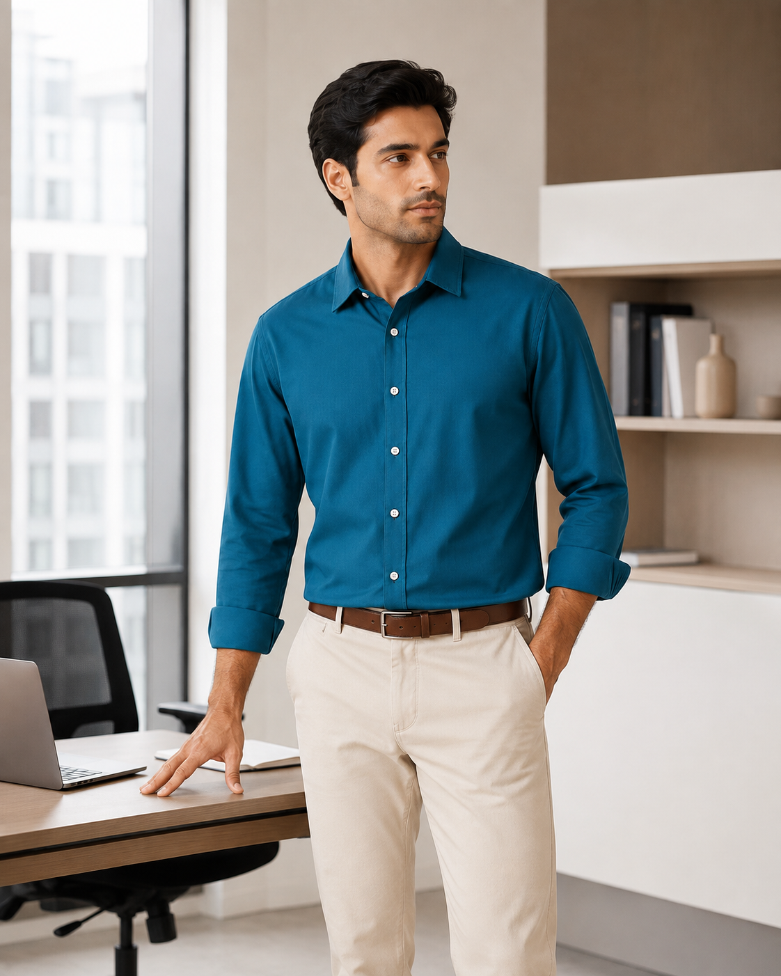 Cotton Chambray Shirt – Light Zinc Model pic 1