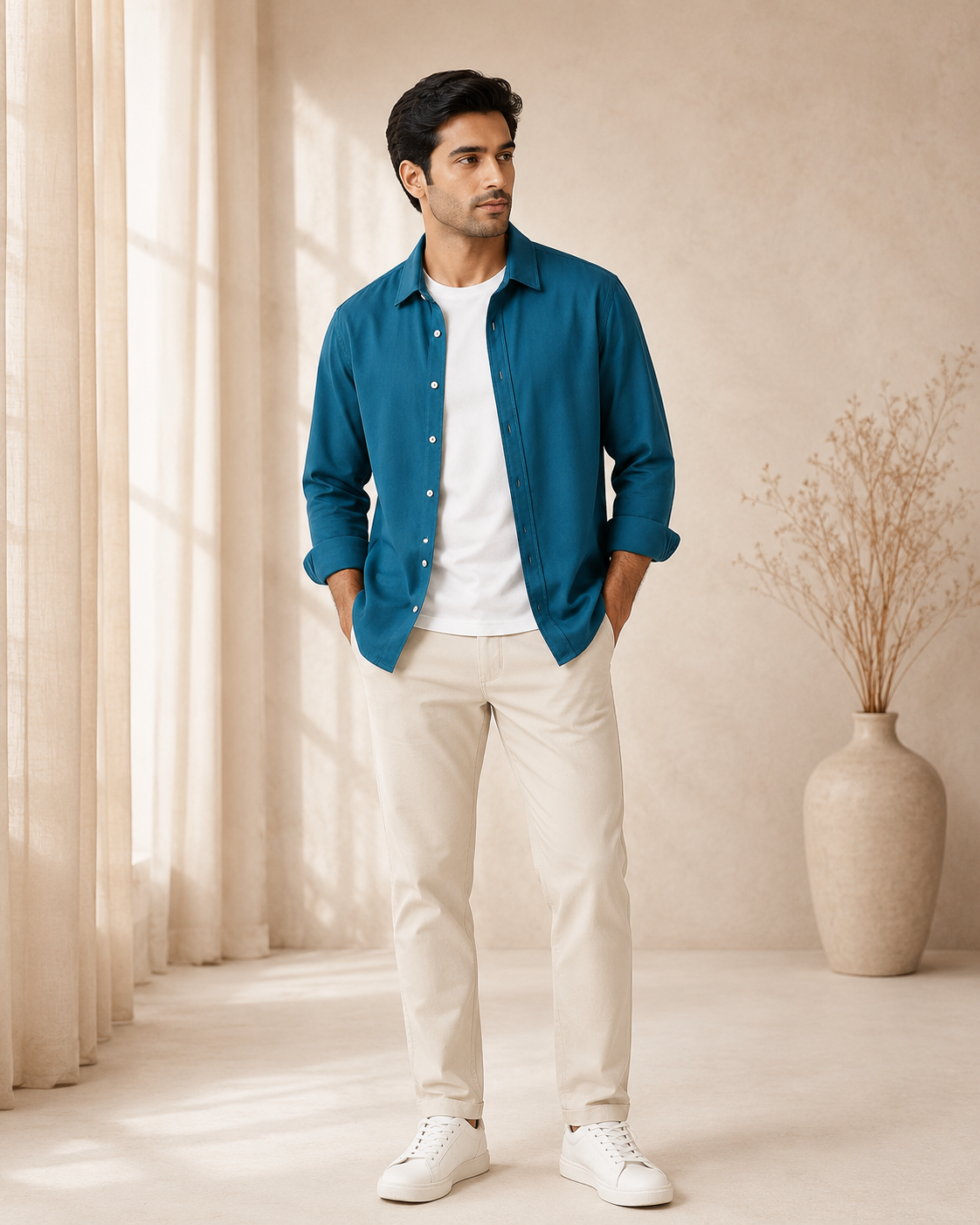 Cotton Chambray Shirt – Light Zinc Model pic 2