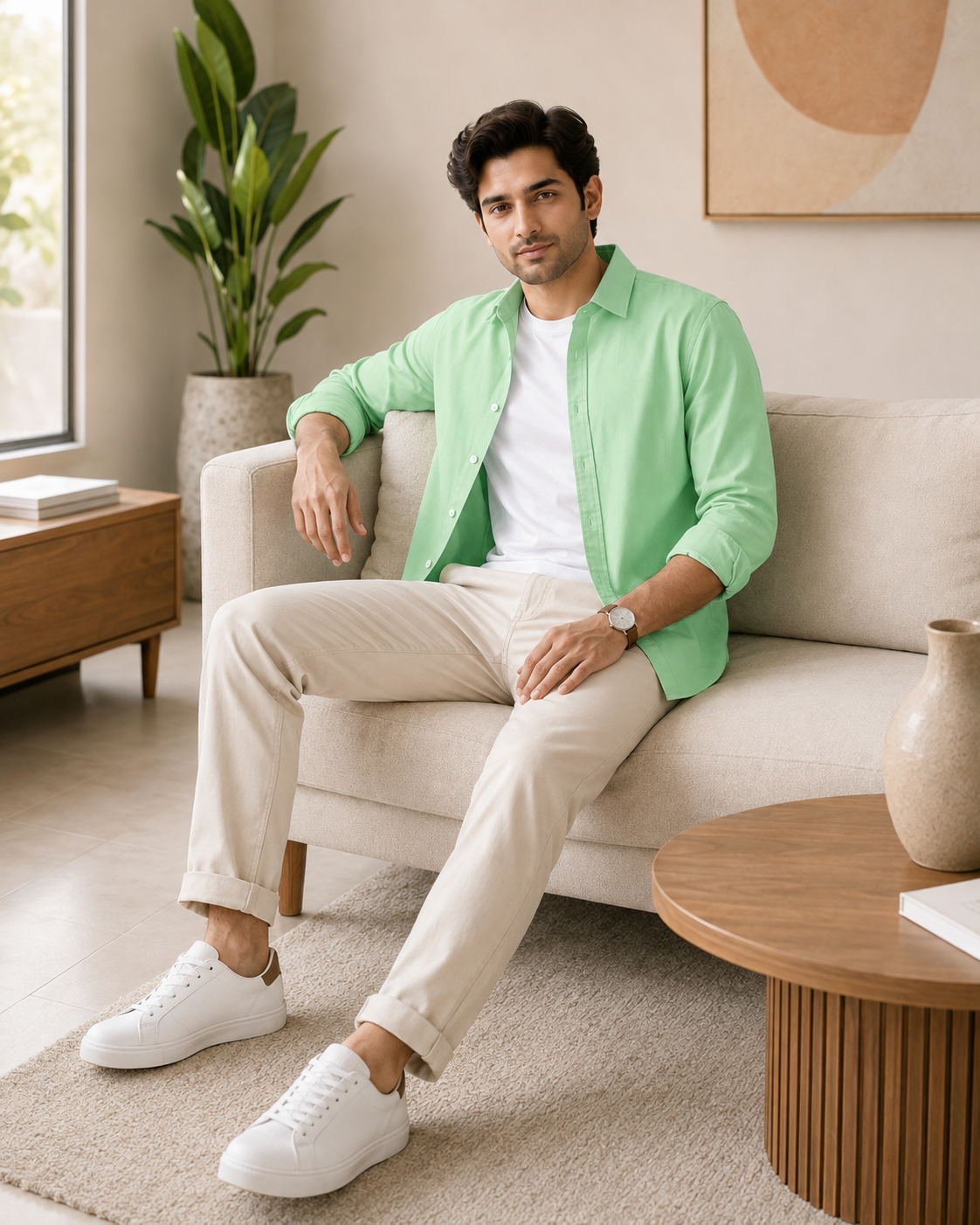 Cotton Chambray Shirt – Mint Leaf model pic 1