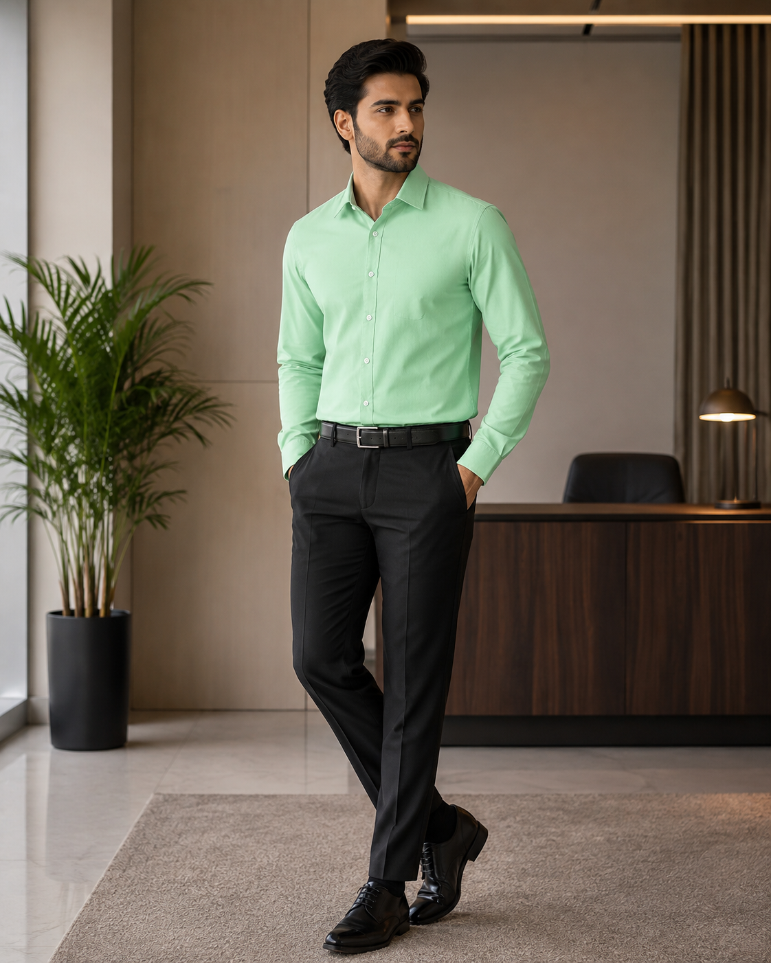 Cotton Chambray Shirt – Mint Leaf model pic 3