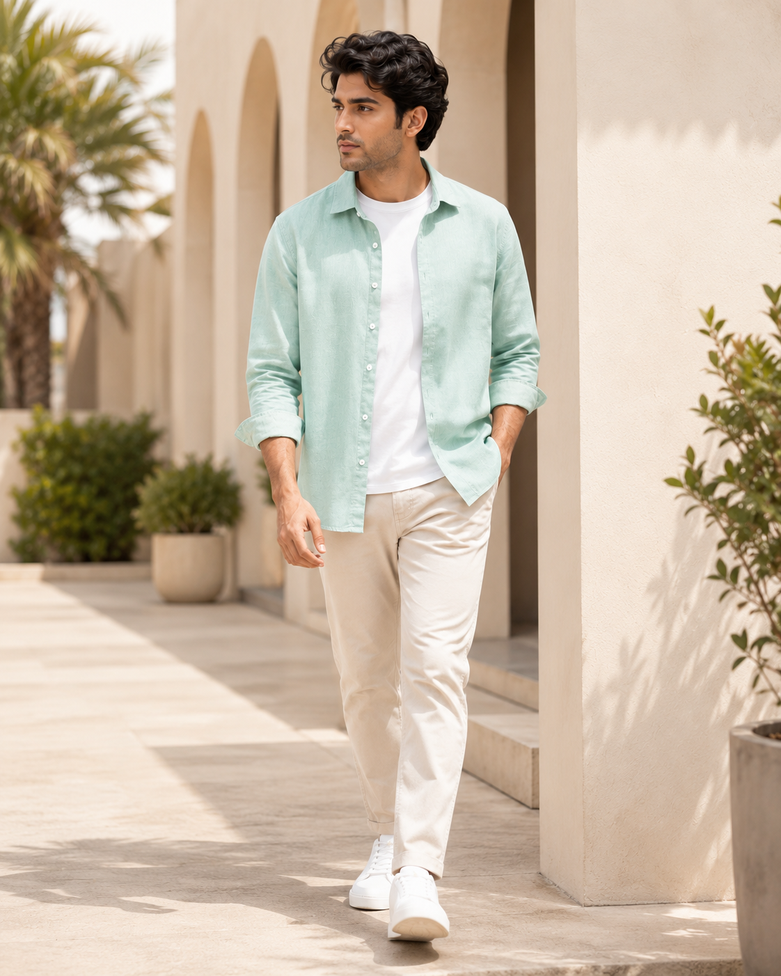 Cotton Chambray Shirt – Mint Sage model pic3