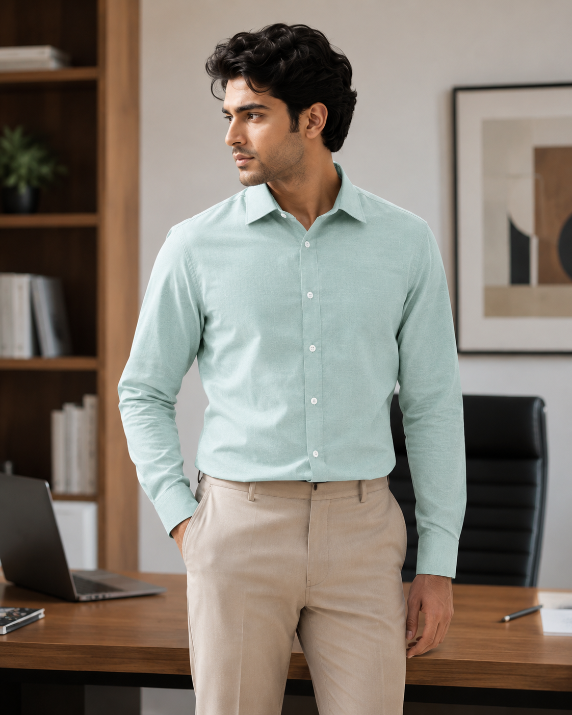 Cotton Chambray Shirt – Mint Sage model pic 1