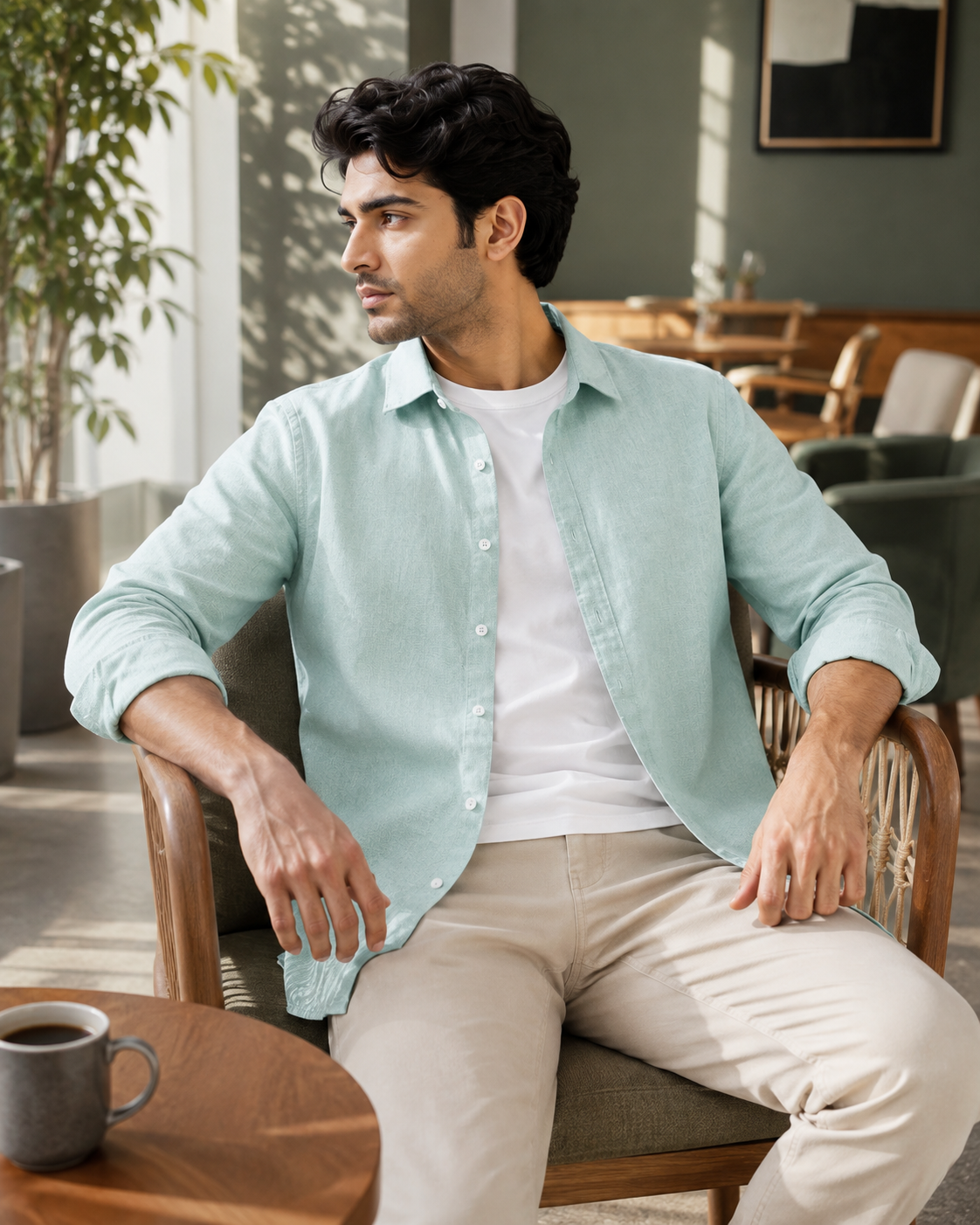 Cotton Chambray Shirt – Mint Sage model pic 2