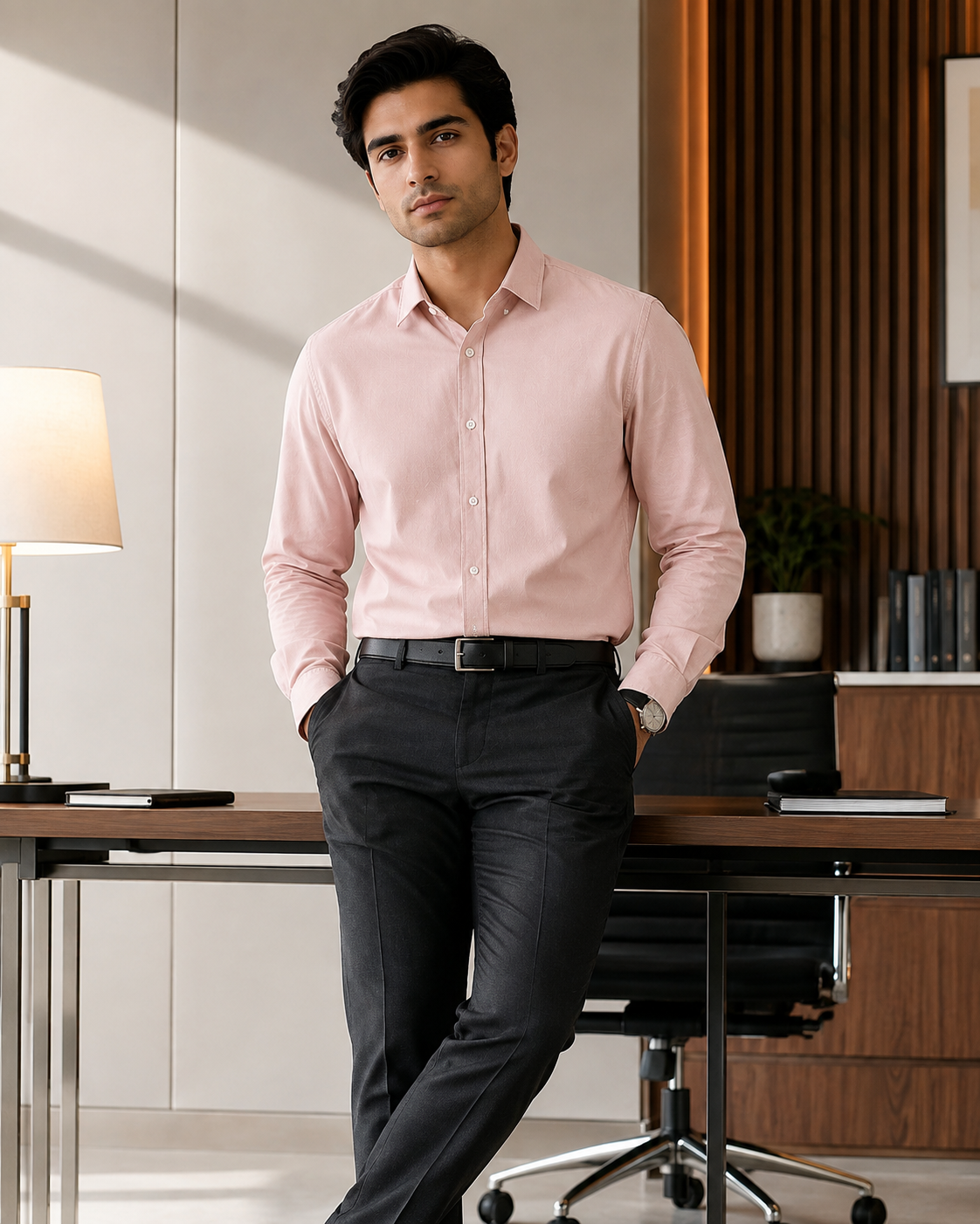Cotton Chambray Shirt – Pale Peach Model pic 1