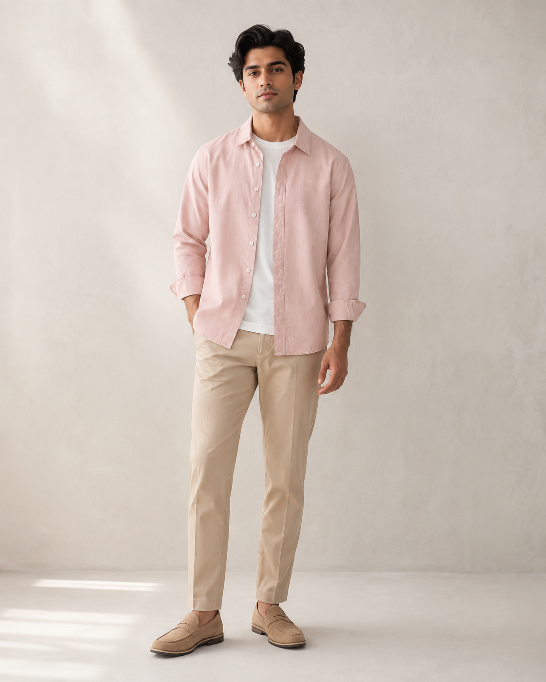 Cotton Chambray Shirt – Pale Peach Model pic 2