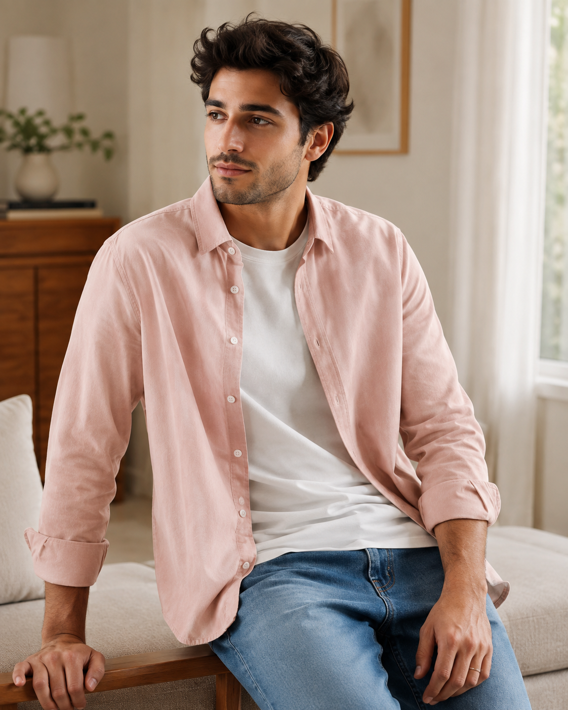 Cotton Chambray Shirt – Pale Peach Model pic 3
