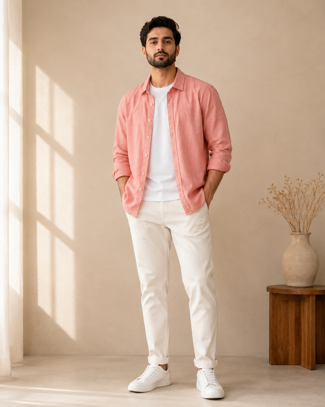 Cotton Chambray Shirt – Peach Model pic 1