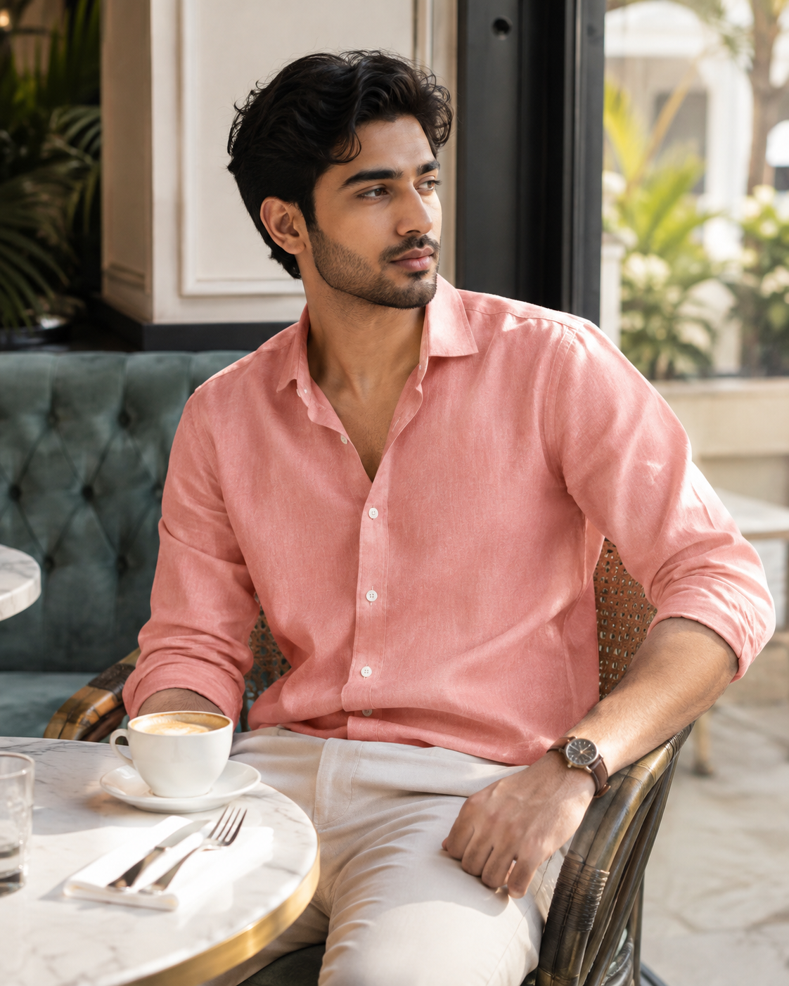 Cotton Chambray Shirt – Peach Model pic 2