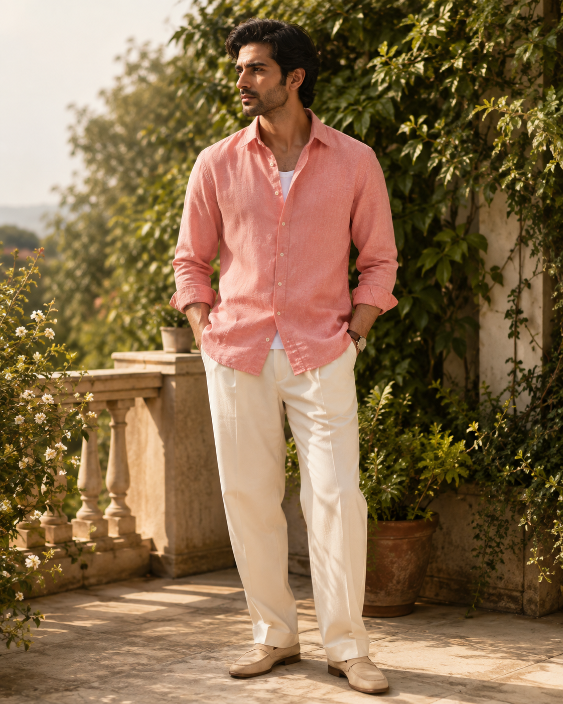 Cotton Chambray Shirt – Peach Model pic 3