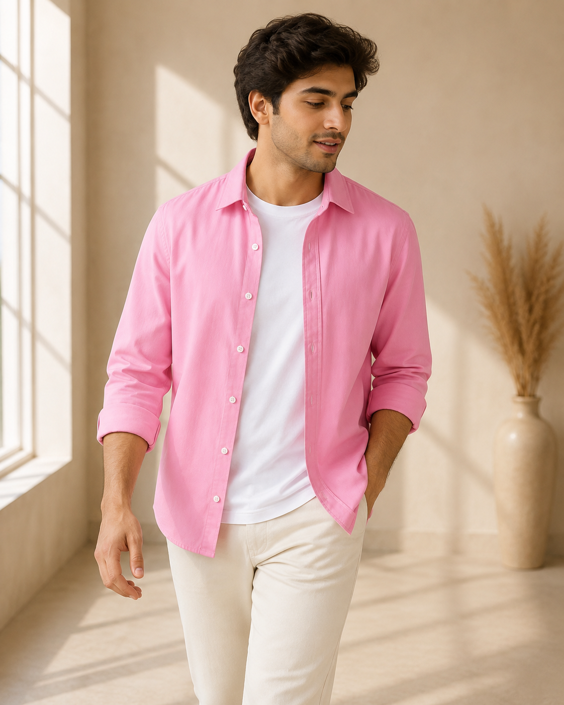 Cotton Chambray Shirt – Pink model pic 1