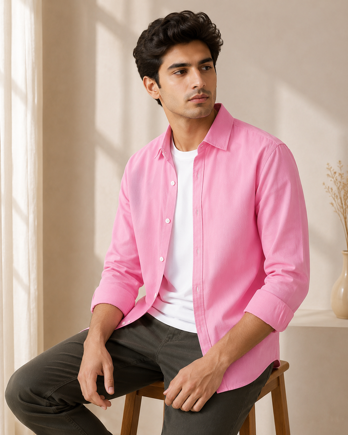 Cotton Chambray Shirt – Pink model pic 2