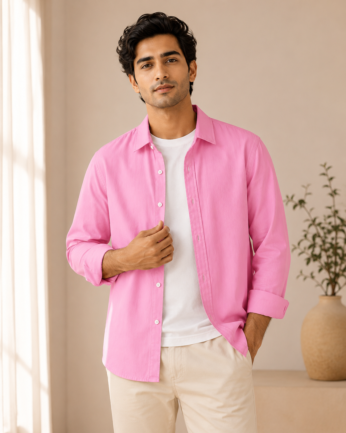 Cotton Chambray Shirt – Pink model pic 3