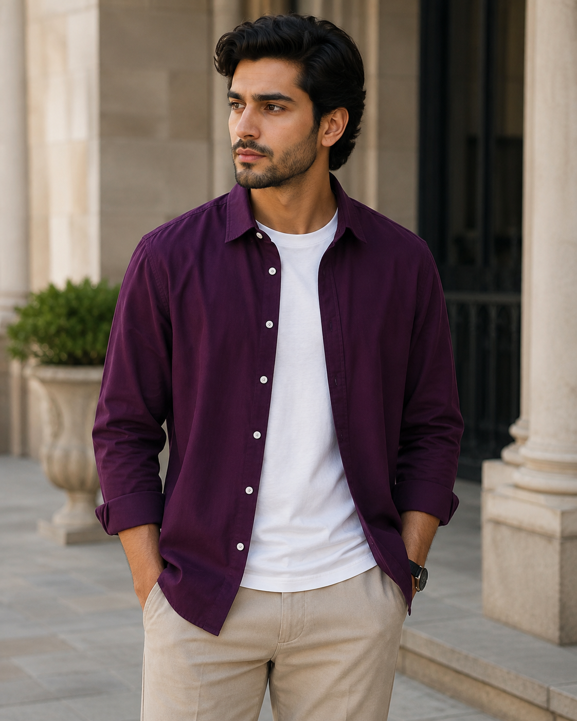 Cotton Chambray Shirt – Purple Model pic 2