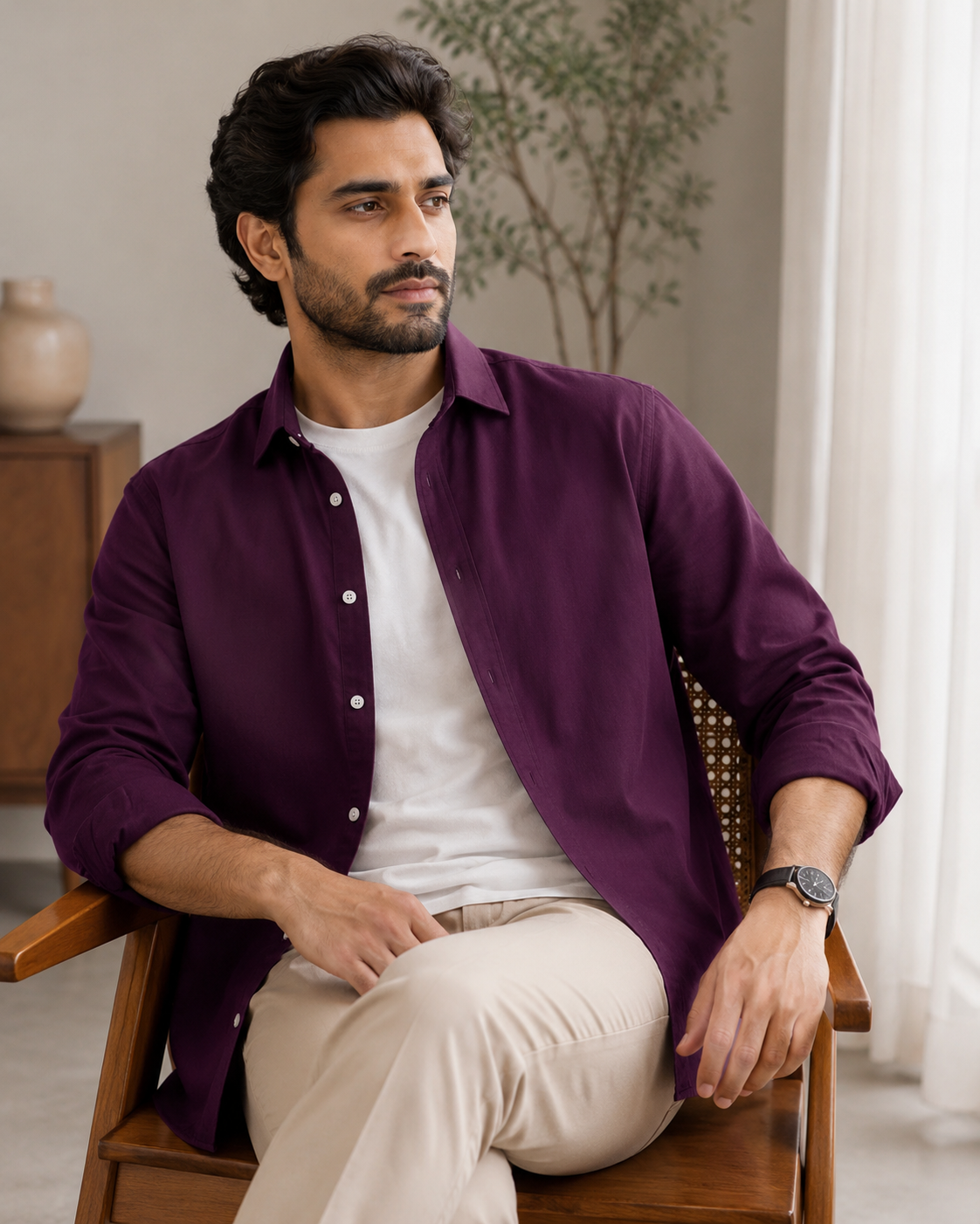 Cotton Chambray Shirt – Purple Model pic 3