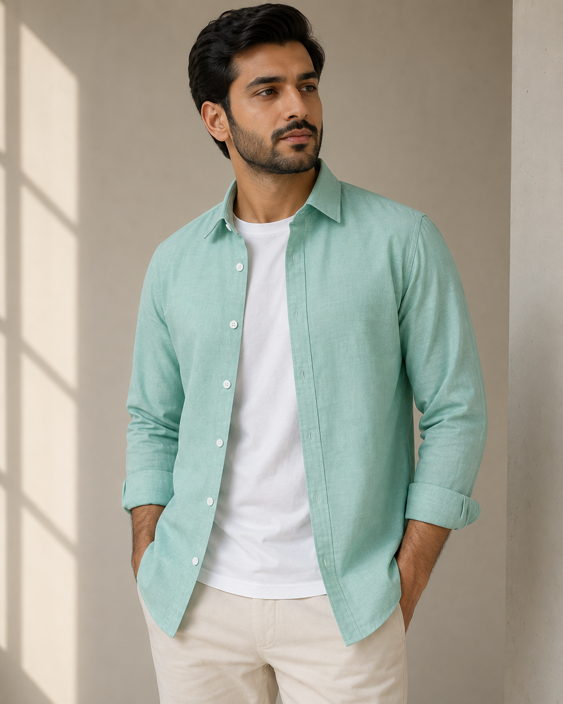 Cotton Chambray Shirt – Sea Green isplay Model pic 1
