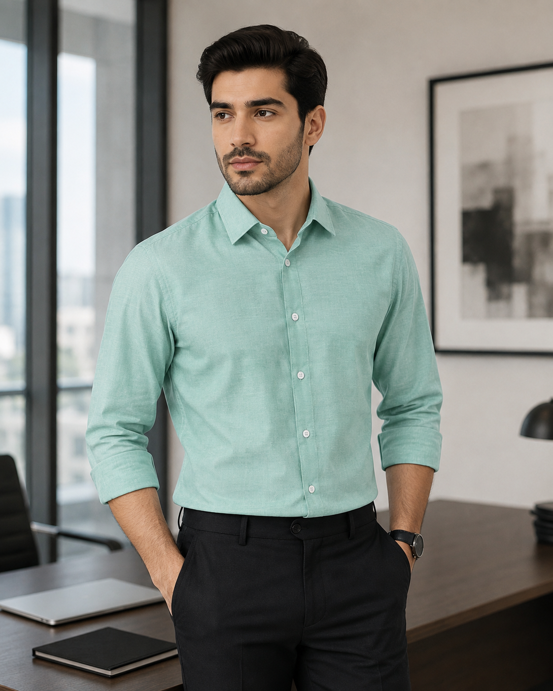 Cotton Chambray Shirt – Sea Green isplay Model pic 2