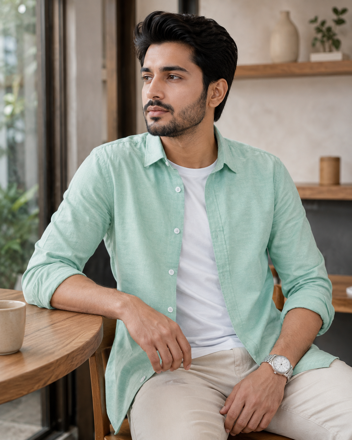 Cotton Chambray Shirt – Sea Green isplay Model pic 3