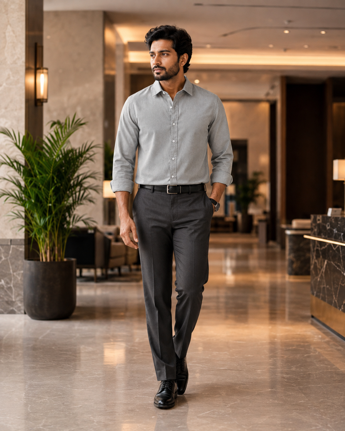 Cotton Chambray Shirt – Silver Grey model pic 1