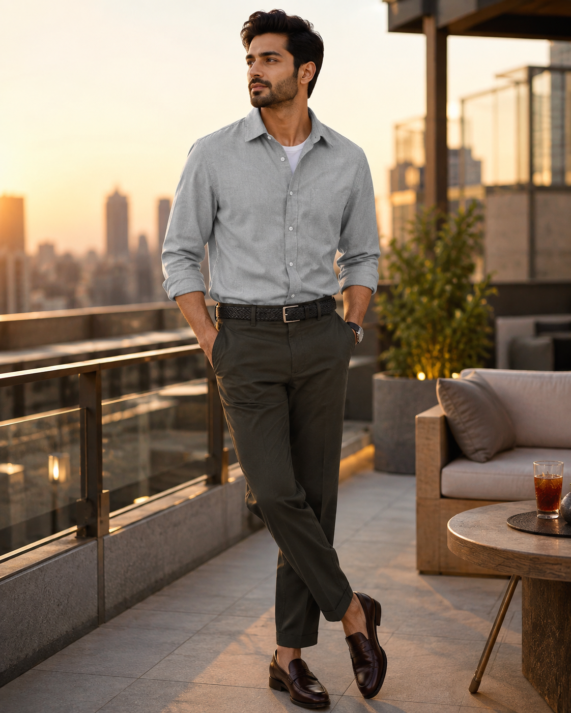 Cotton Chambray Shirt – Silver Grey model pic 2