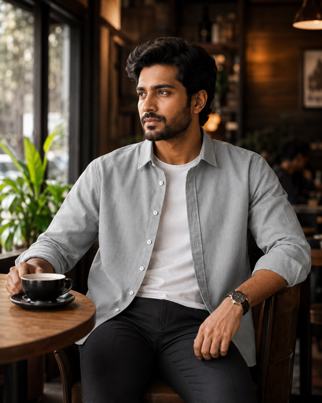 Cotton Chambray Shirt – Silver Grey model pic 3