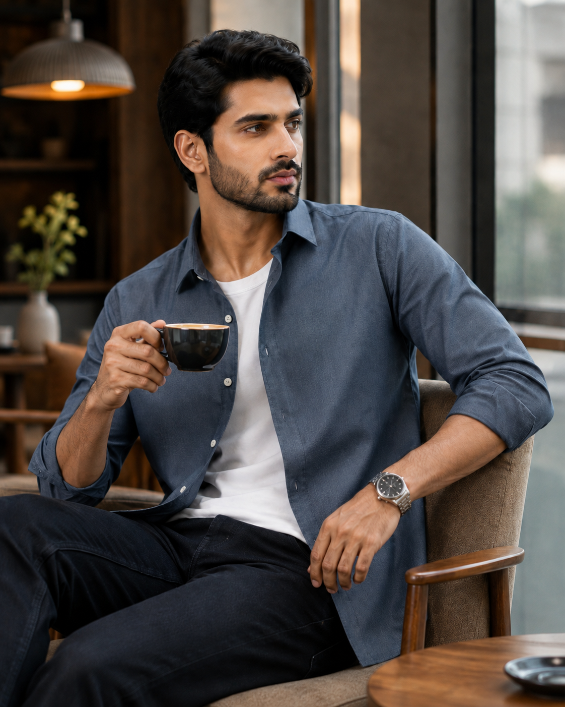 Cotton Chambray Shirt – Slate Blue model pic 1