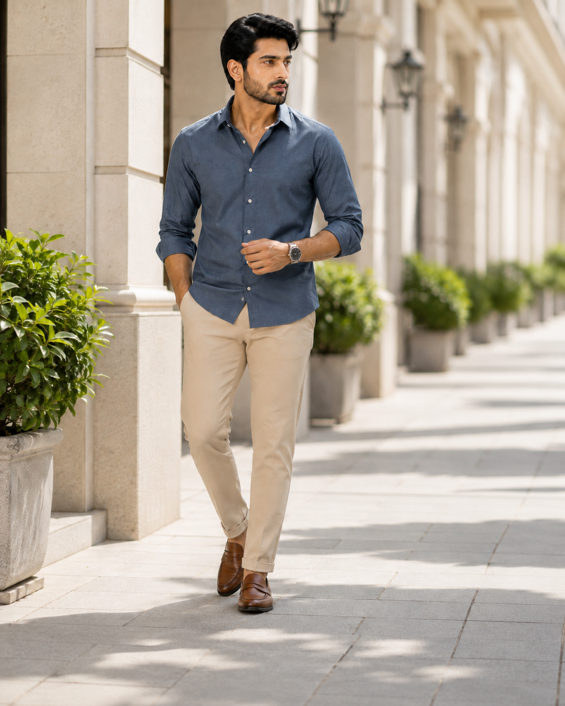 Cotton Chambray Shirt – Slate Blue model pic 2