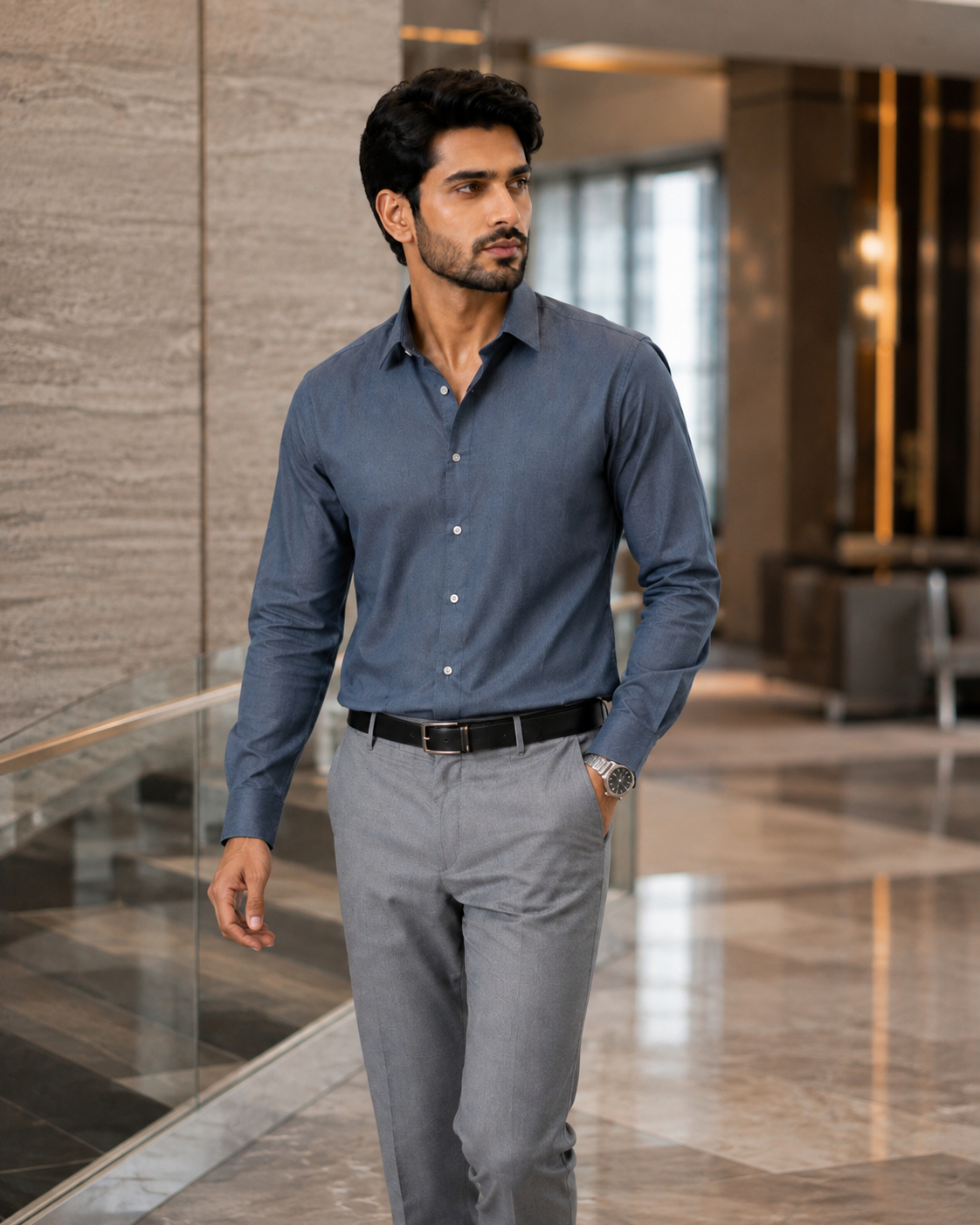 Cotton Chambray Shirt – Slate Blue model pic 3