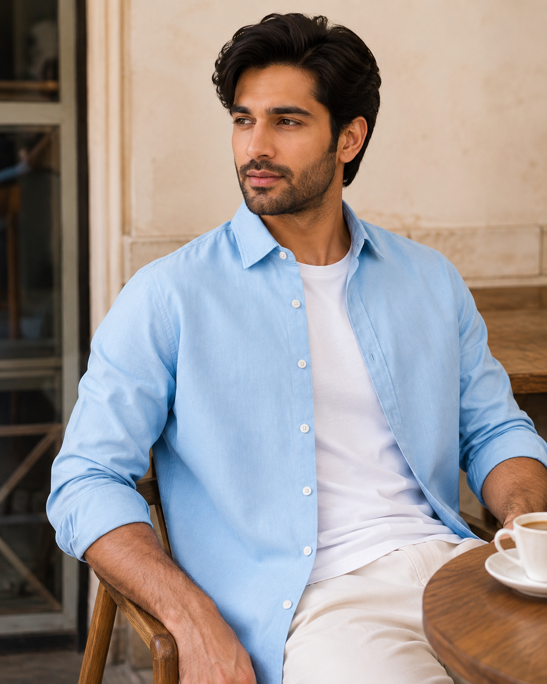 Cotton Chambray Shirt – Soft Azure Model pic 1