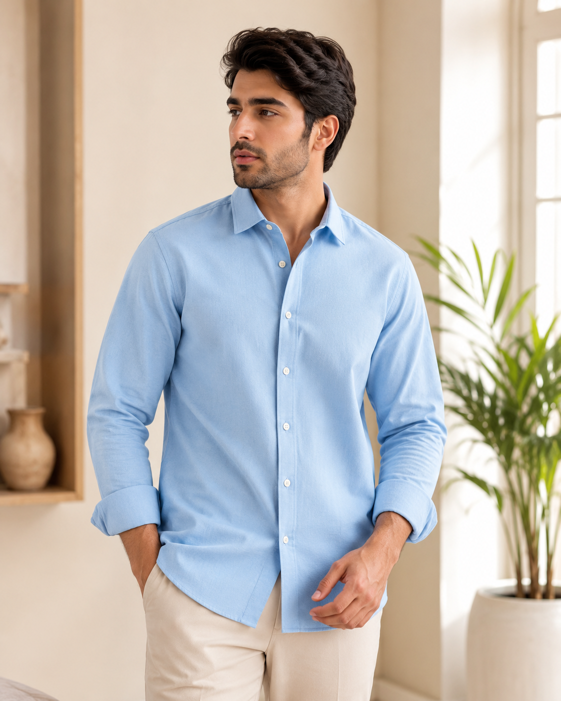 Cotton Chambray Shirt – Soft Azure Model pic 2