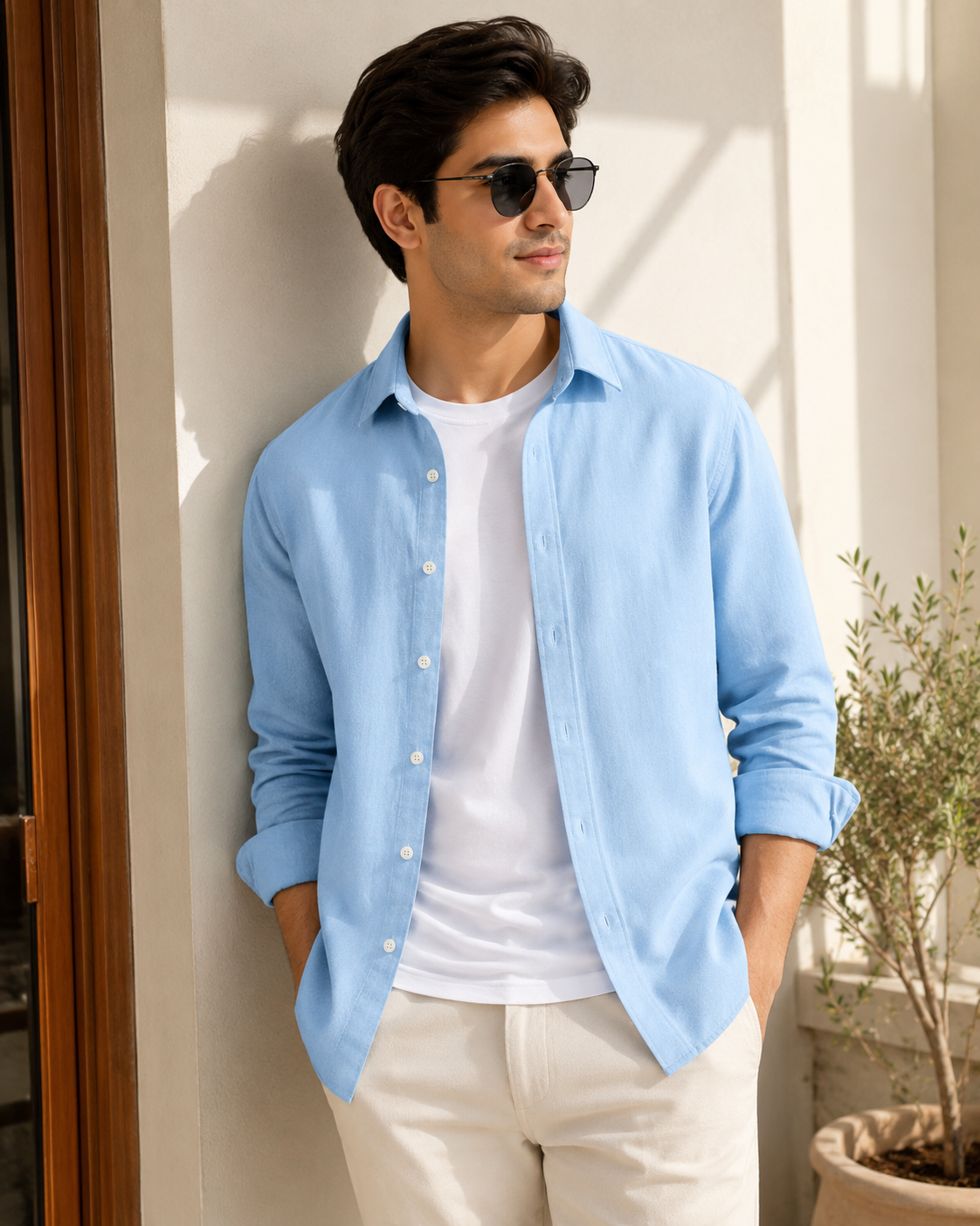 Cotton Chambray Shirt – Soft Azure Model pic 3