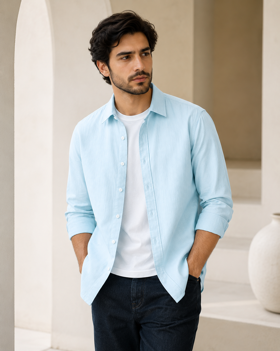 Cotton Chambray Shirt – Soft Azure Model pic three