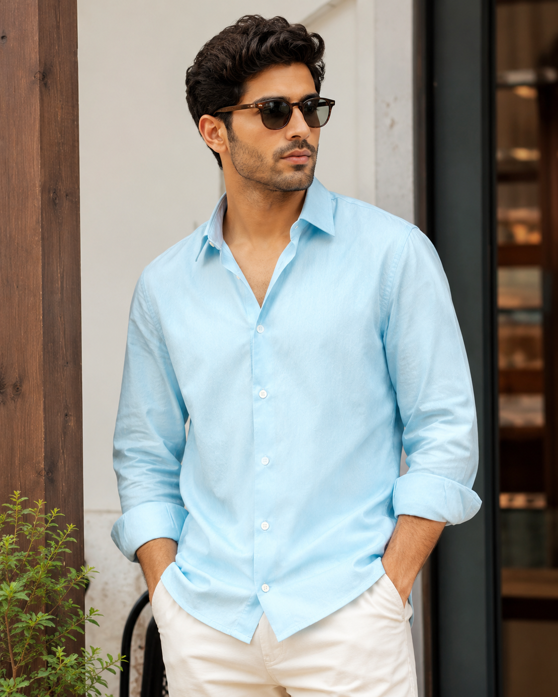 Cotton Chambray Shirt – Soft Azure Model pic two-e7a0-461e-91a6-bdf9c39bfd3b