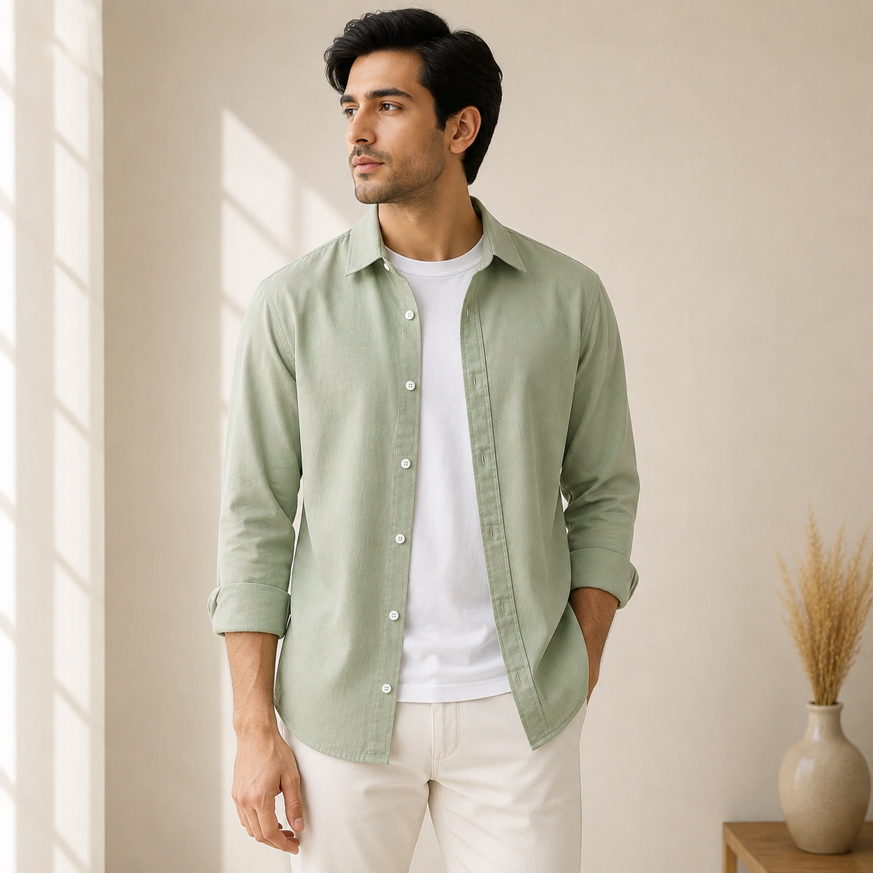 Cotton Chambray Shirt – Tea Green Model pic 1