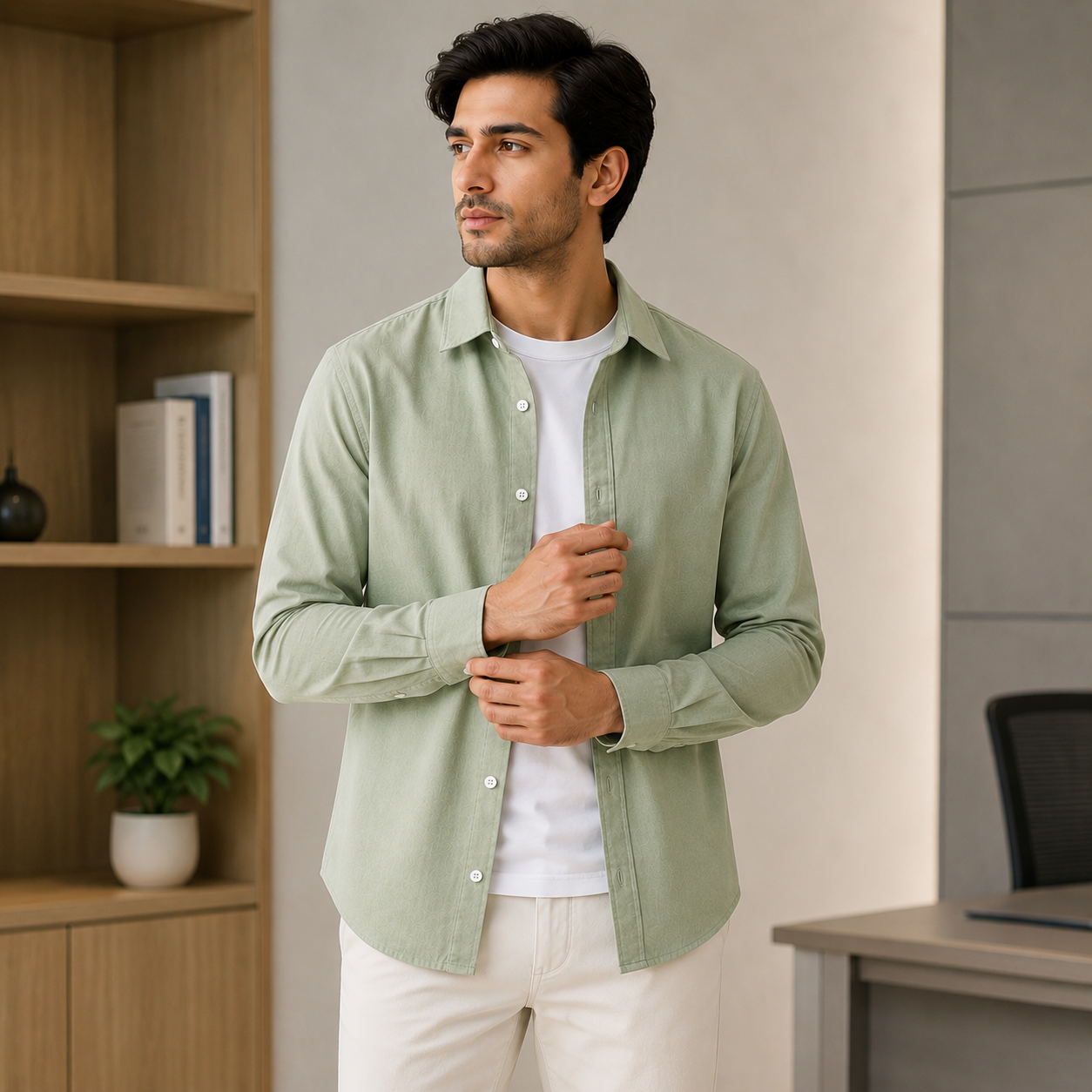 Cotton Chambray Shirt – Tea Green Model pic 2