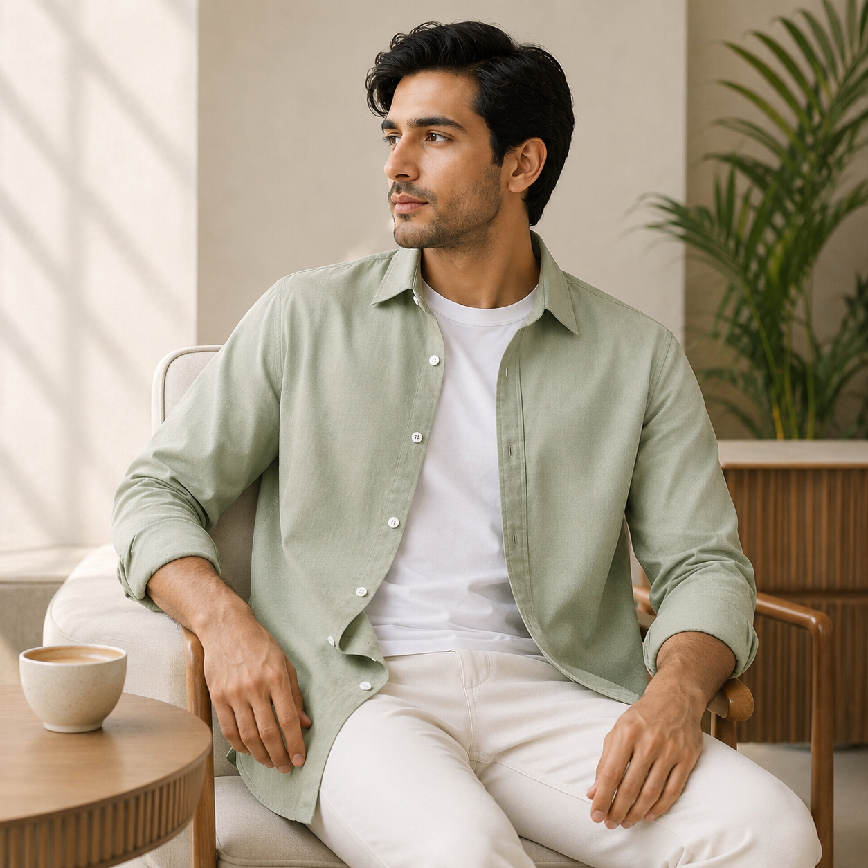 Cotton Chambray Shirt – Tea Green Model pic 3